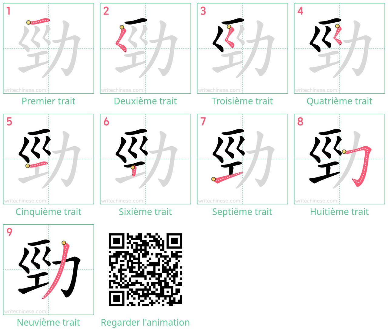 Diagrammes d'ordre des traits étape par étape pour le caractère 勁