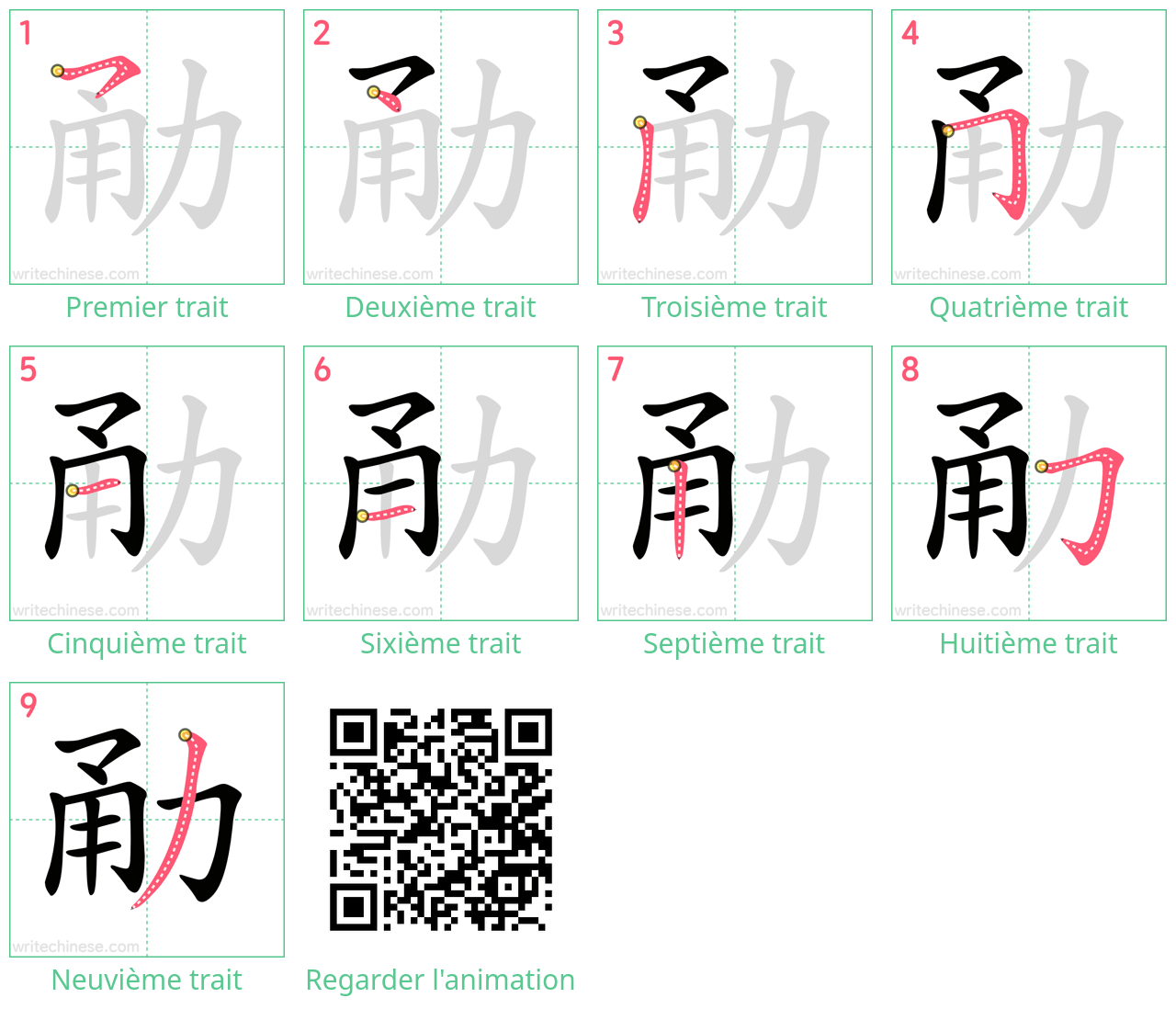 Diagrammes d'ordre des traits étape par étape pour le caractère 勈