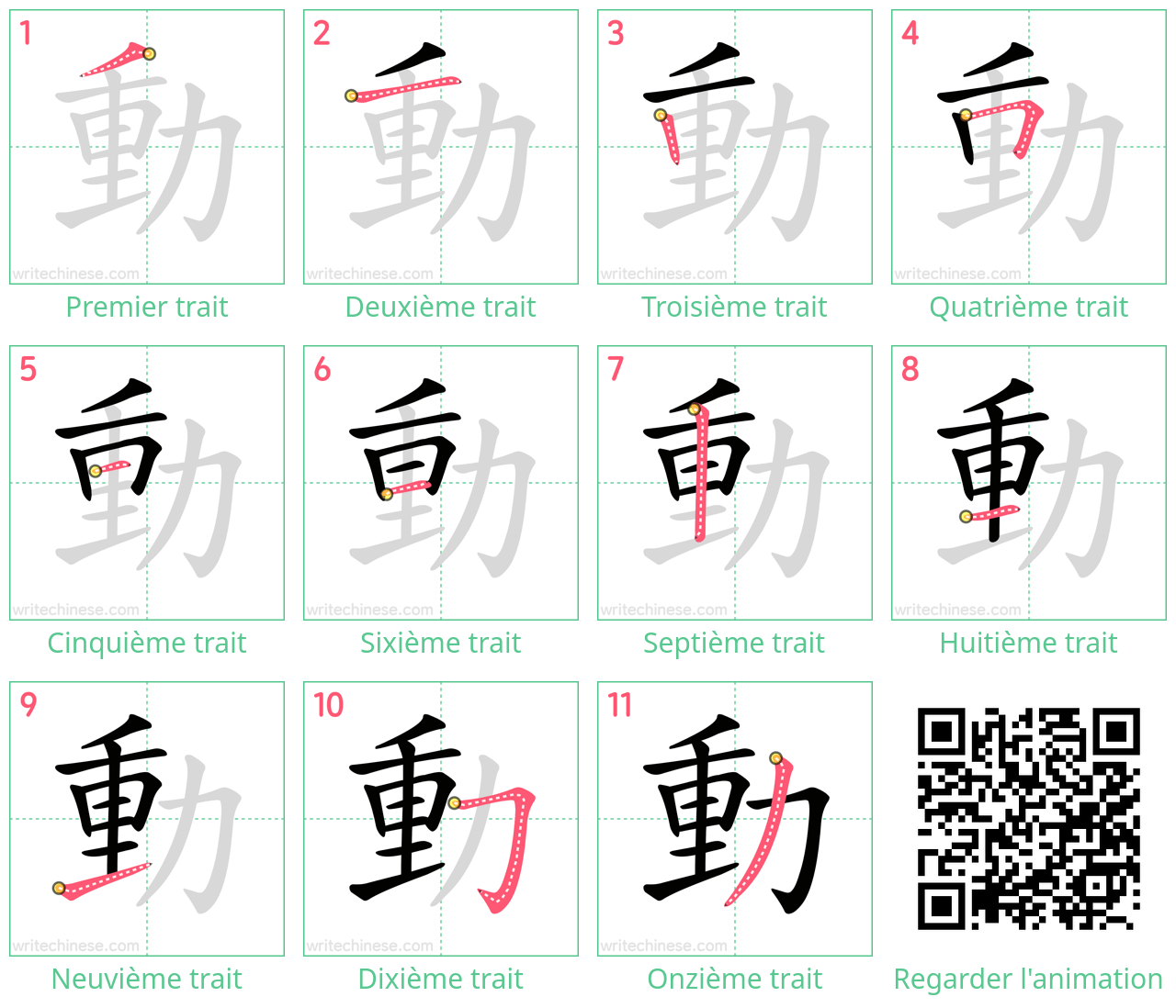 Diagrammes d'ordre des traits étape par étape pour le caractère 動