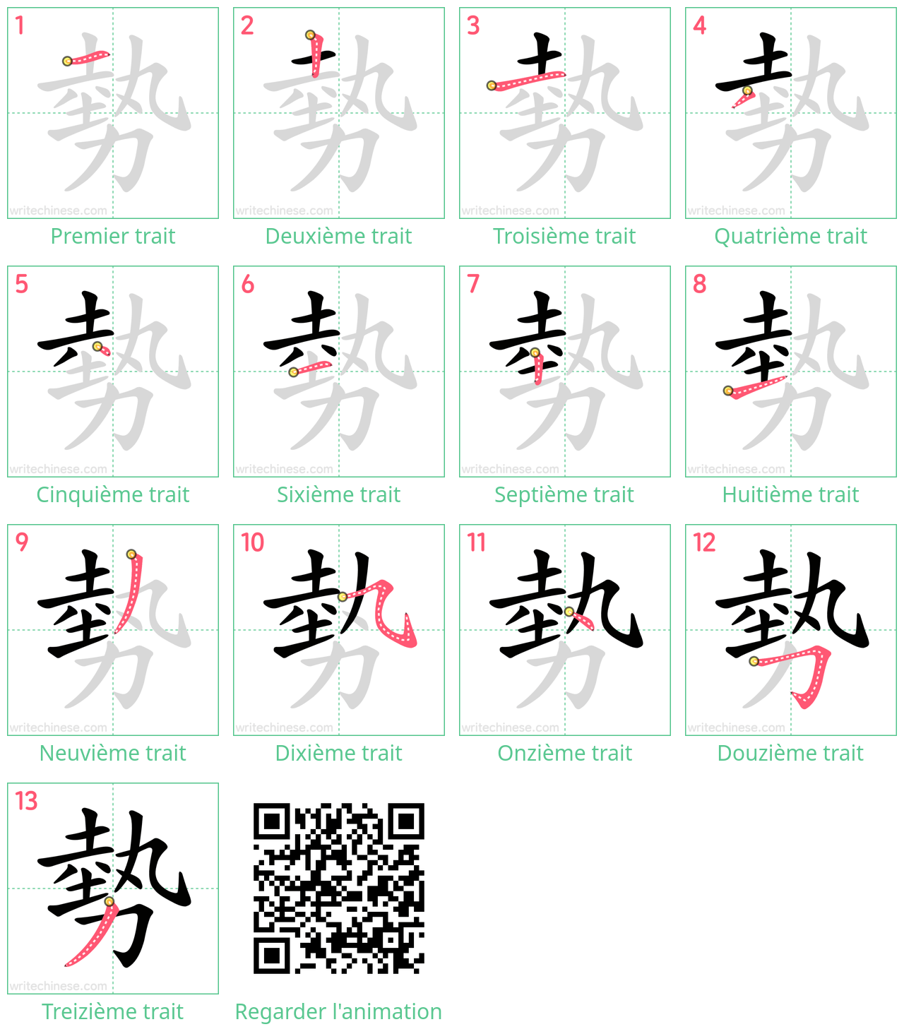 Diagrammes d'ordre des traits étape par étape pour le caractère 勢