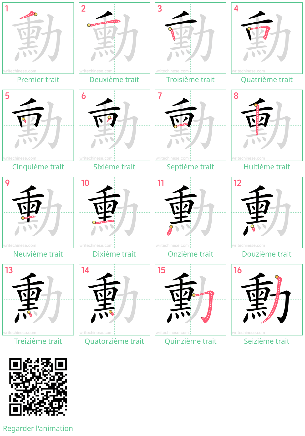 Diagrammes d'ordre des traits étape par étape pour le caractère 勳