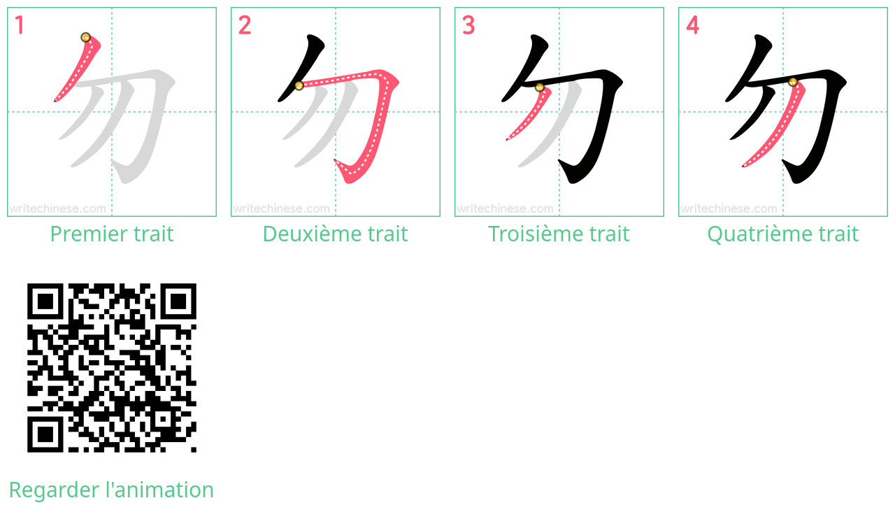 Diagrammes d'ordre des traits étape par étape pour le caractère 勿