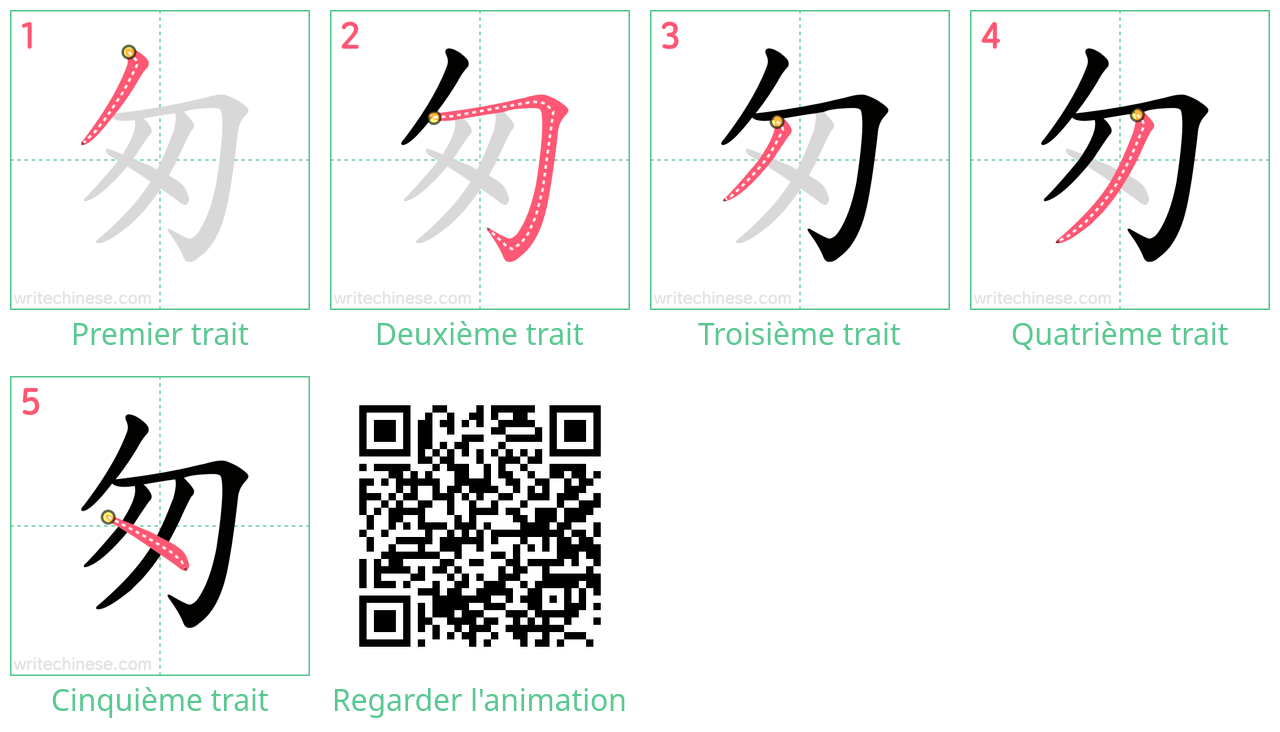 Diagrammes d'ordre des traits étape par étape pour le caractère 匆