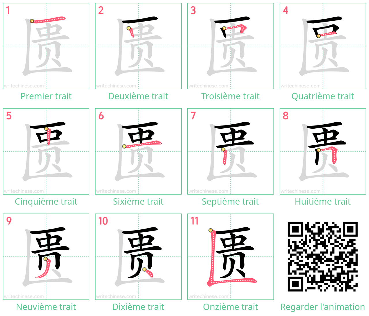 Diagrammes d'ordre des traits étape par étape pour le caractère 匮