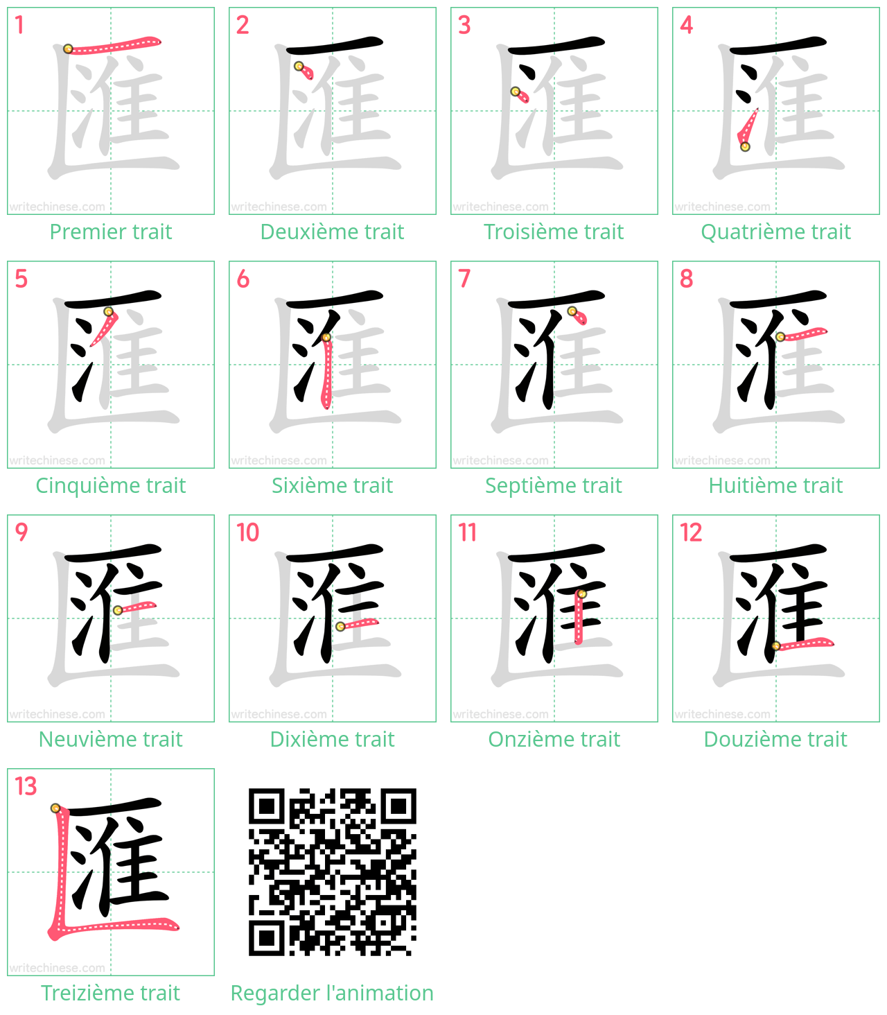 Diagrammes d'ordre des traits étape par étape pour le caractère 匯