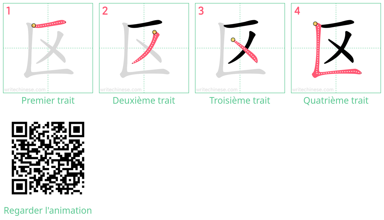 Diagrammes d'ordre des traits étape par étape pour le caractère 区