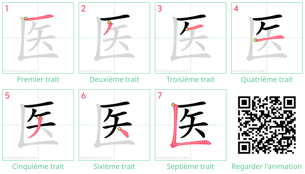 Diagrammes d'ordre des traits étape par étape pour le caractère 医