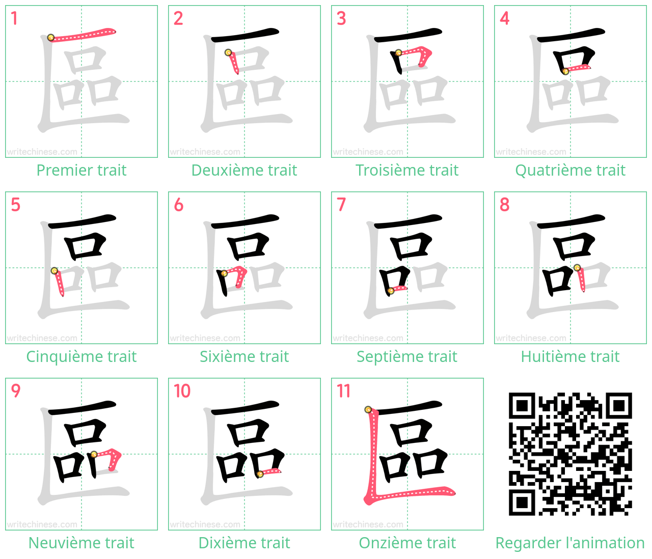 Diagrammes d'ordre des traits étape par étape pour le caractère 區