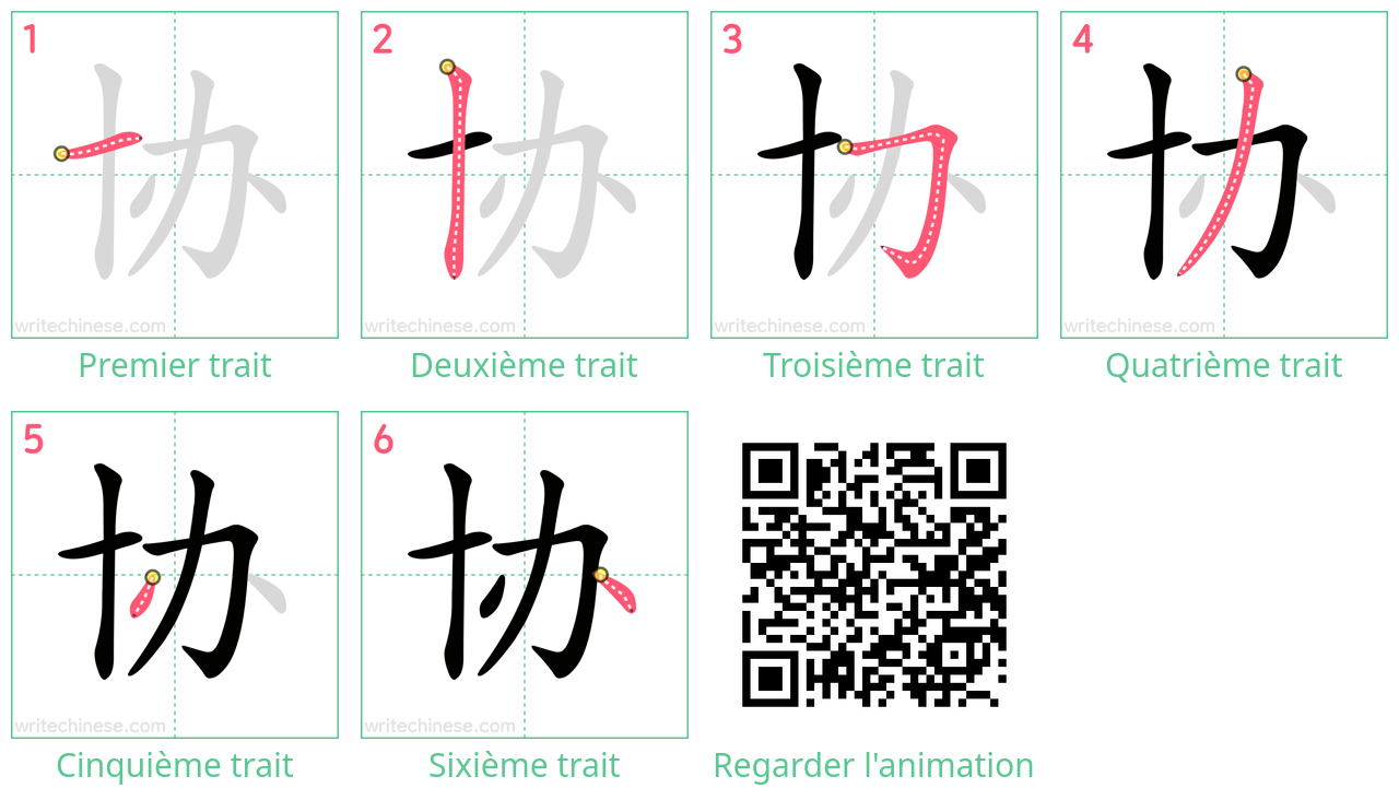 Diagrammes d'ordre des traits étape par étape pour le caractère 协