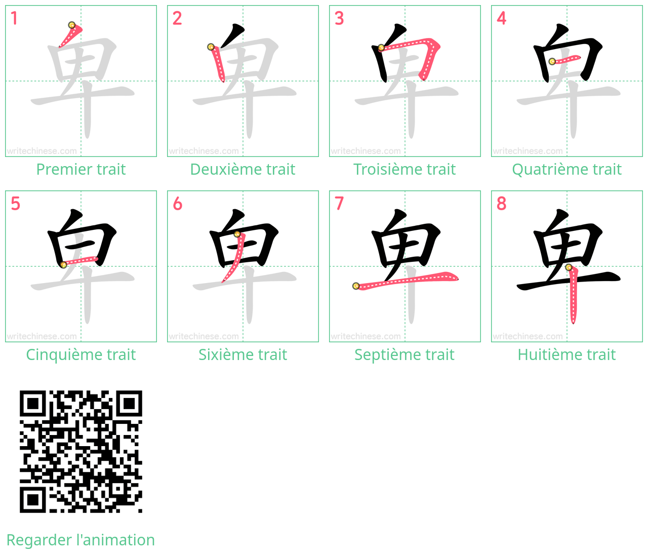 Diagrammes d'ordre des traits étape par étape pour le caractère 卑