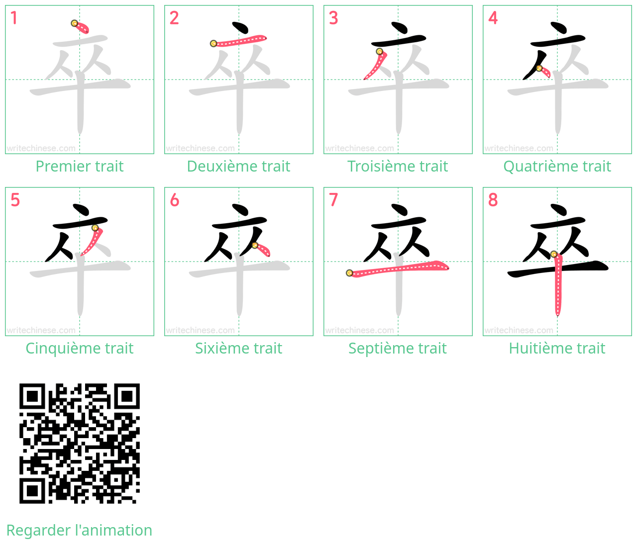 Diagrammes d'ordre des traits étape par étape pour le caractère 卒