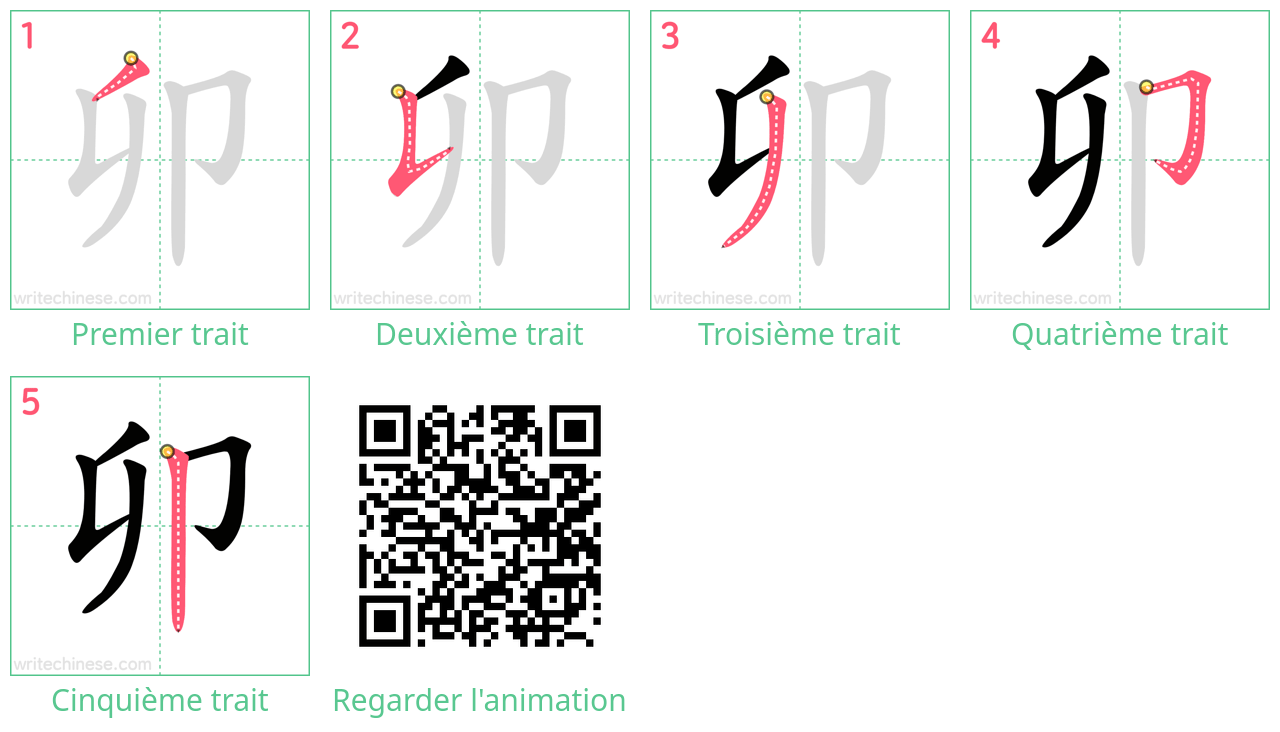 Diagrammes d'ordre des traits étape par étape pour le caractère 卯