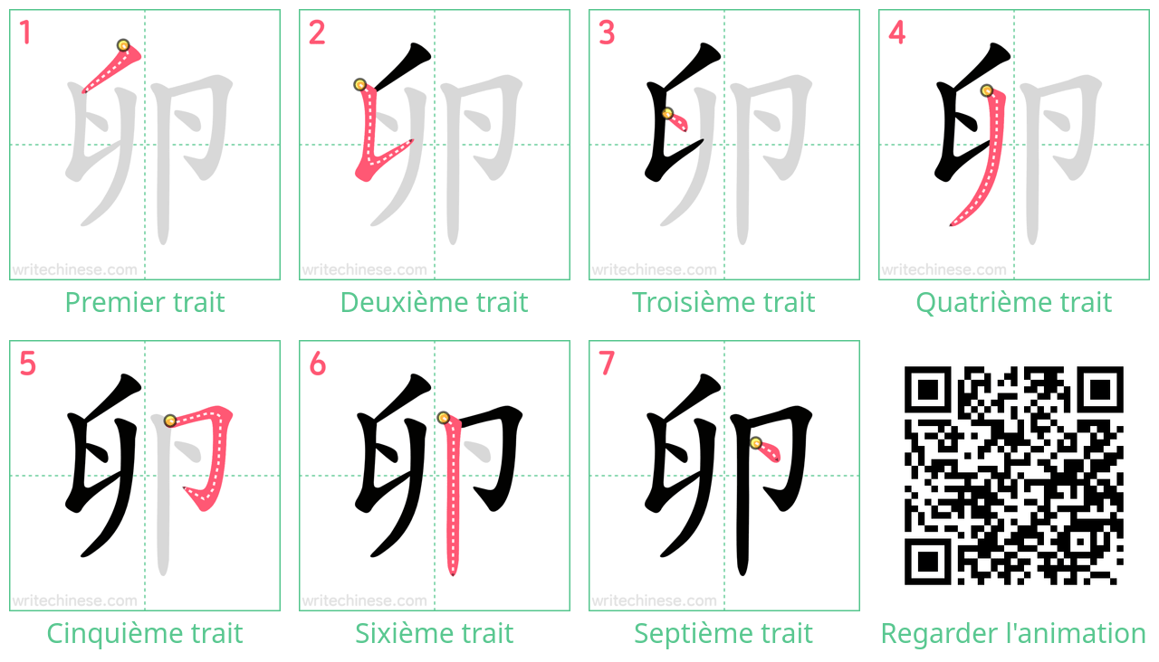 Diagrammes d'ordre des traits étape par étape pour le caractère 卵