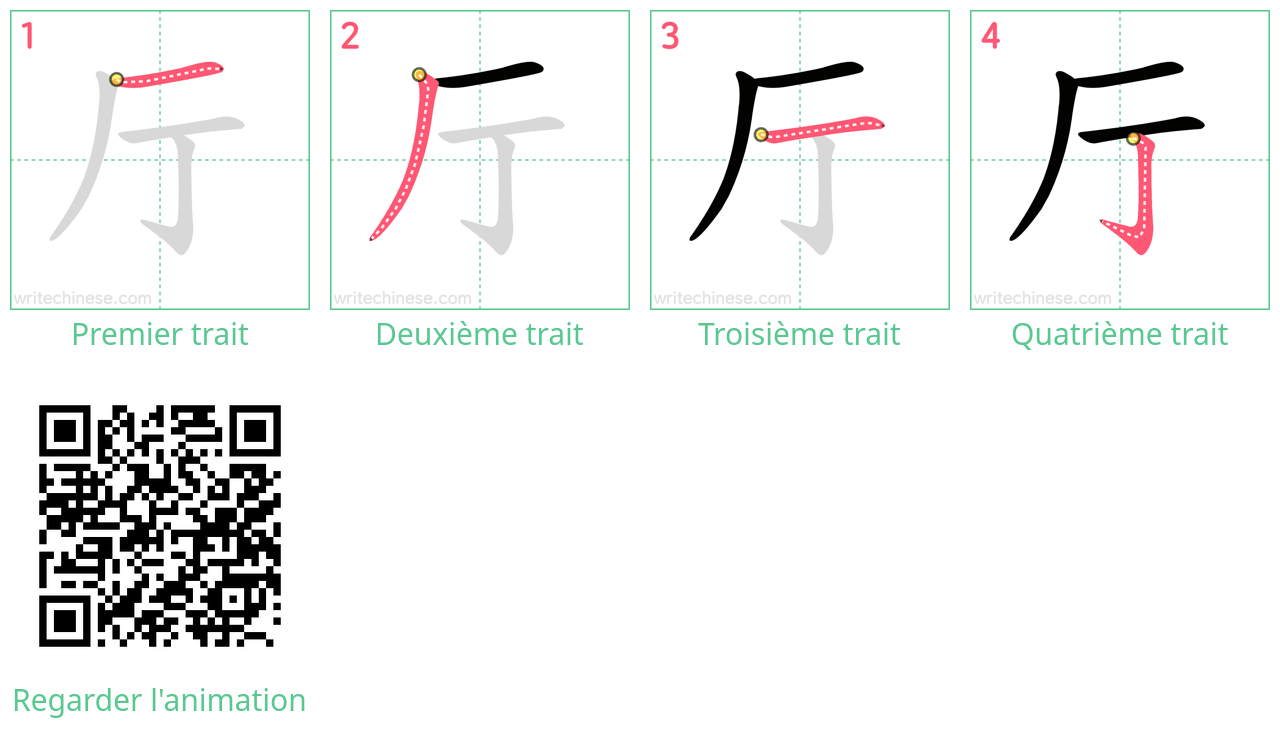 Diagrammes d'ordre des traits étape par étape pour le caractère 厅