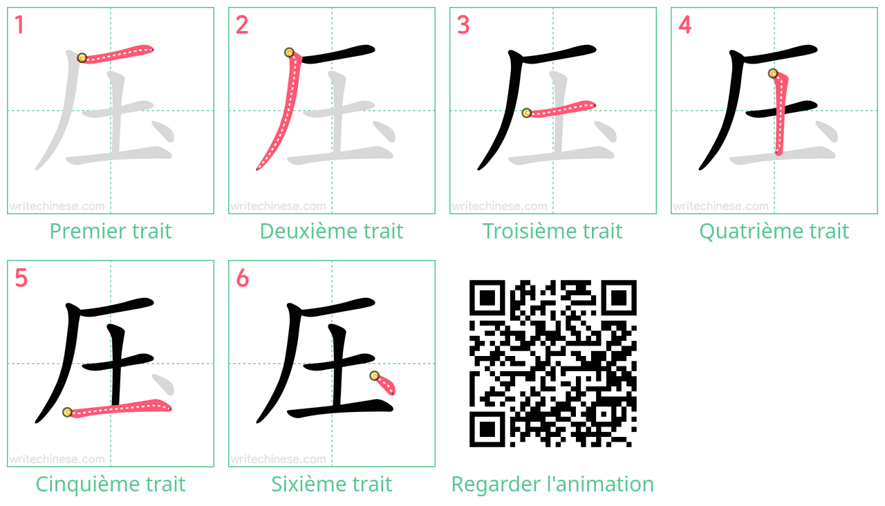 Diagrammes d'ordre des traits étape par étape pour le caractère 压