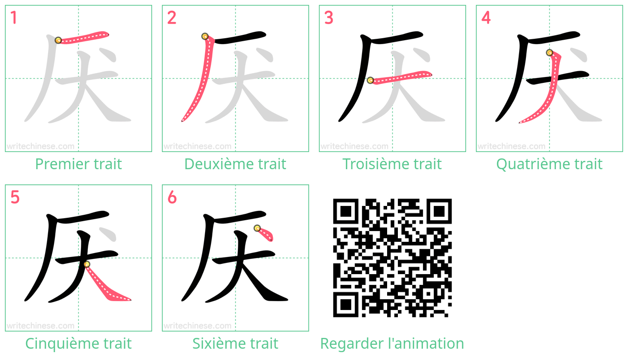 Diagrammes d'ordre des traits étape par étape pour le caractère 厌