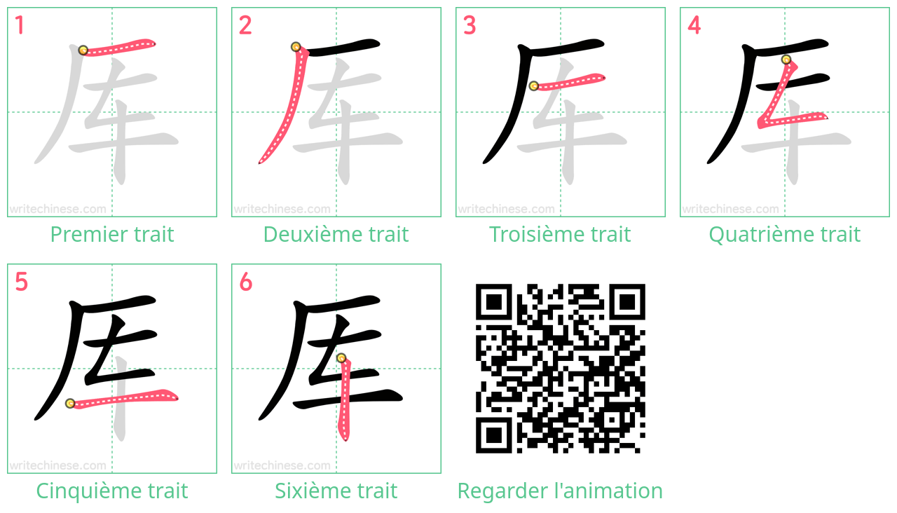 Diagrammes d'ordre des traits étape par étape pour le caractère 厍