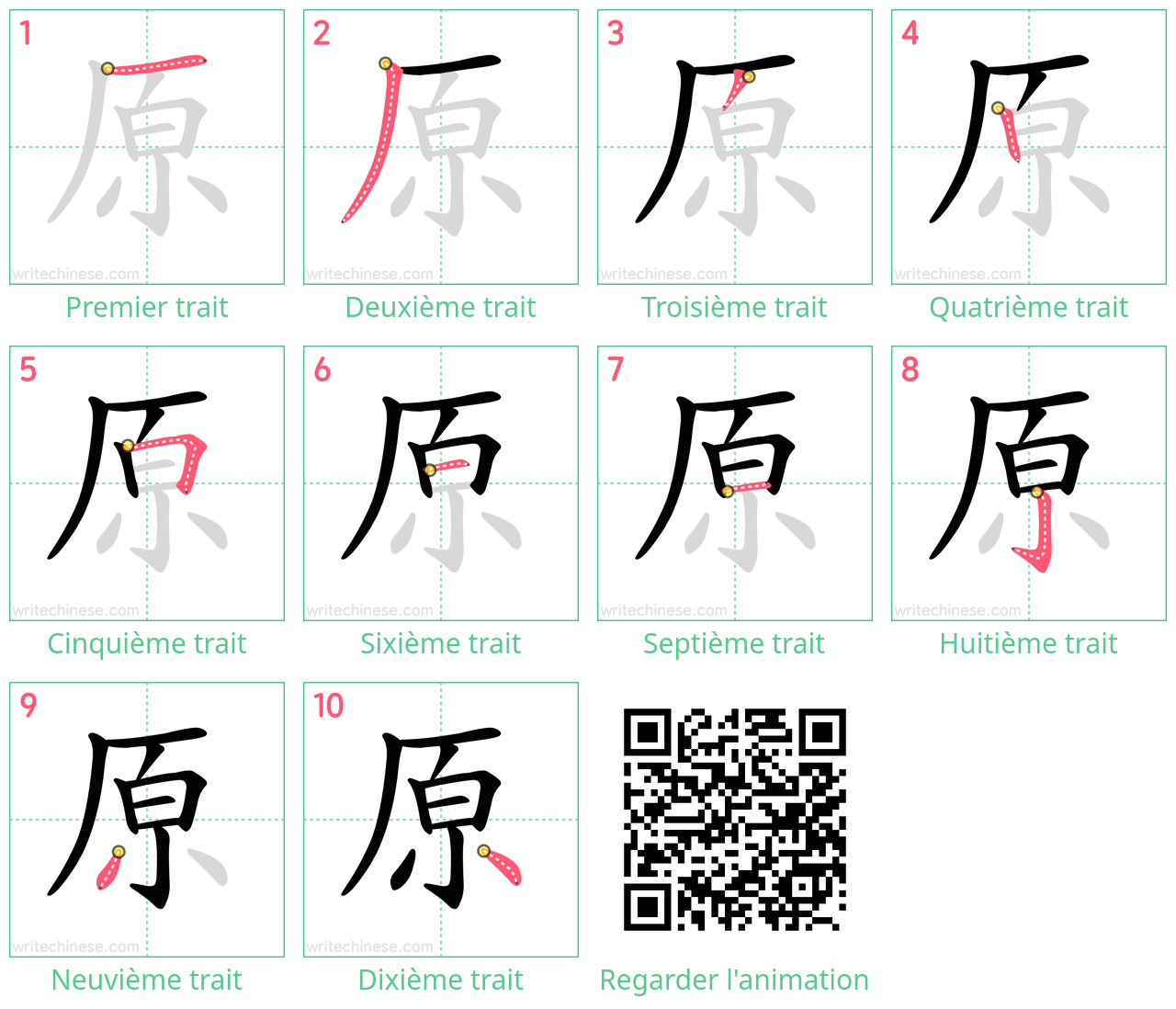 Diagrammes d'ordre des traits étape par étape pour le caractère 原