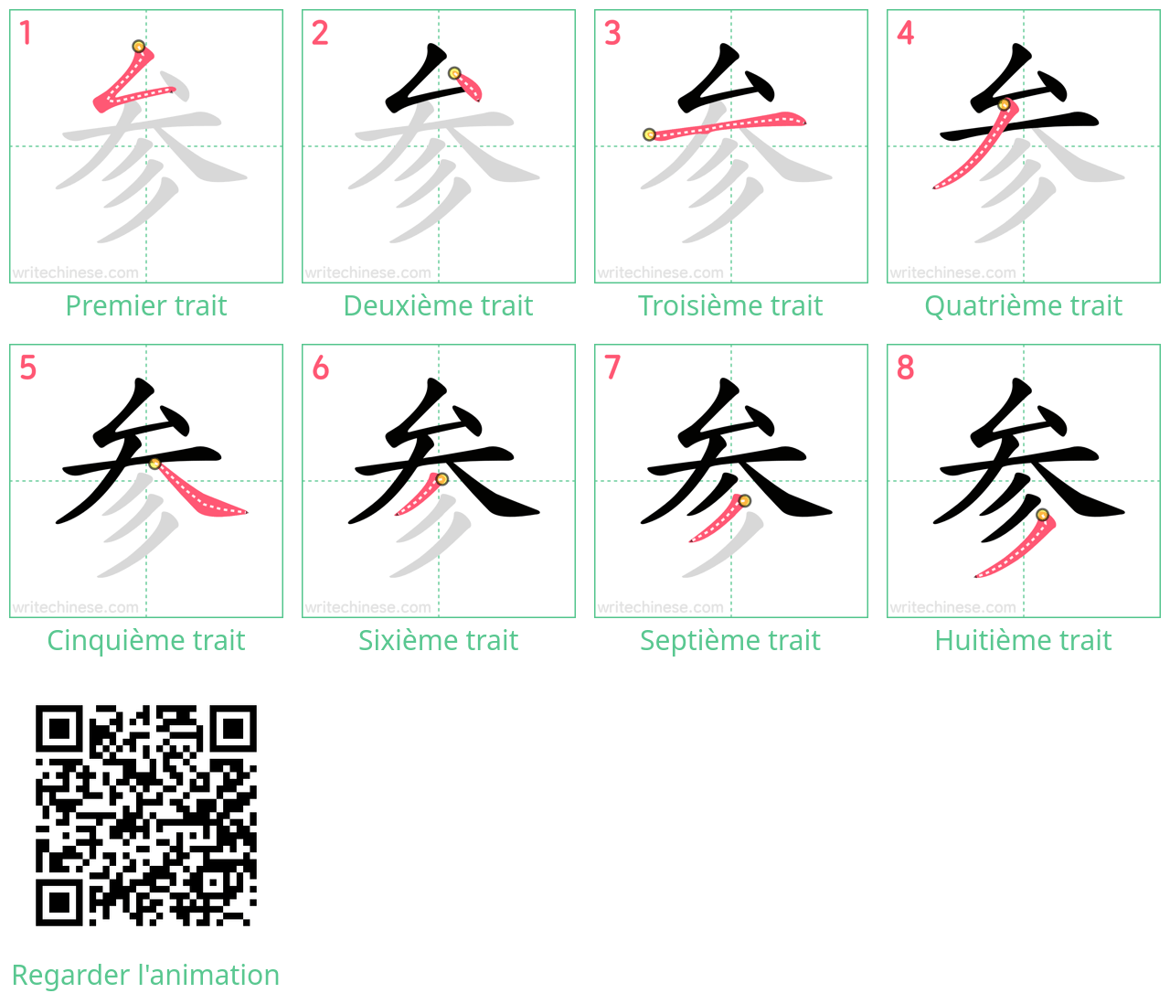 Diagrammes d'ordre des traits étape par étape pour le caractère 参