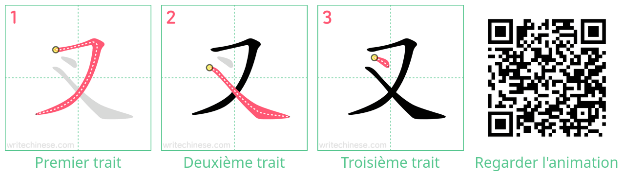 Diagrammes d'ordre des traits étape par étape pour le caractère 叉