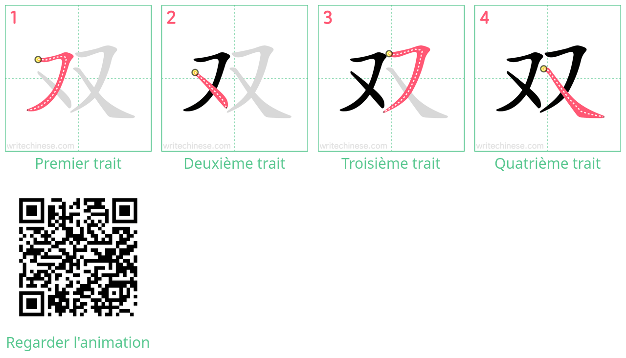 Diagrammes d'ordre des traits étape par étape pour le caractère 双