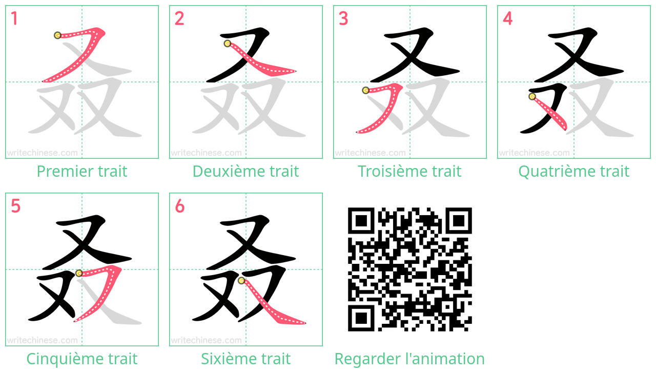 Diagrammes d'ordre des traits étape par étape pour le caractère 叒