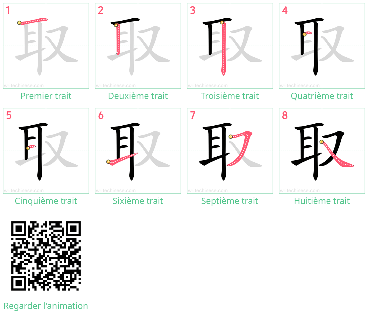 Diagrammes d'ordre des traits étape par étape pour le caractère 取