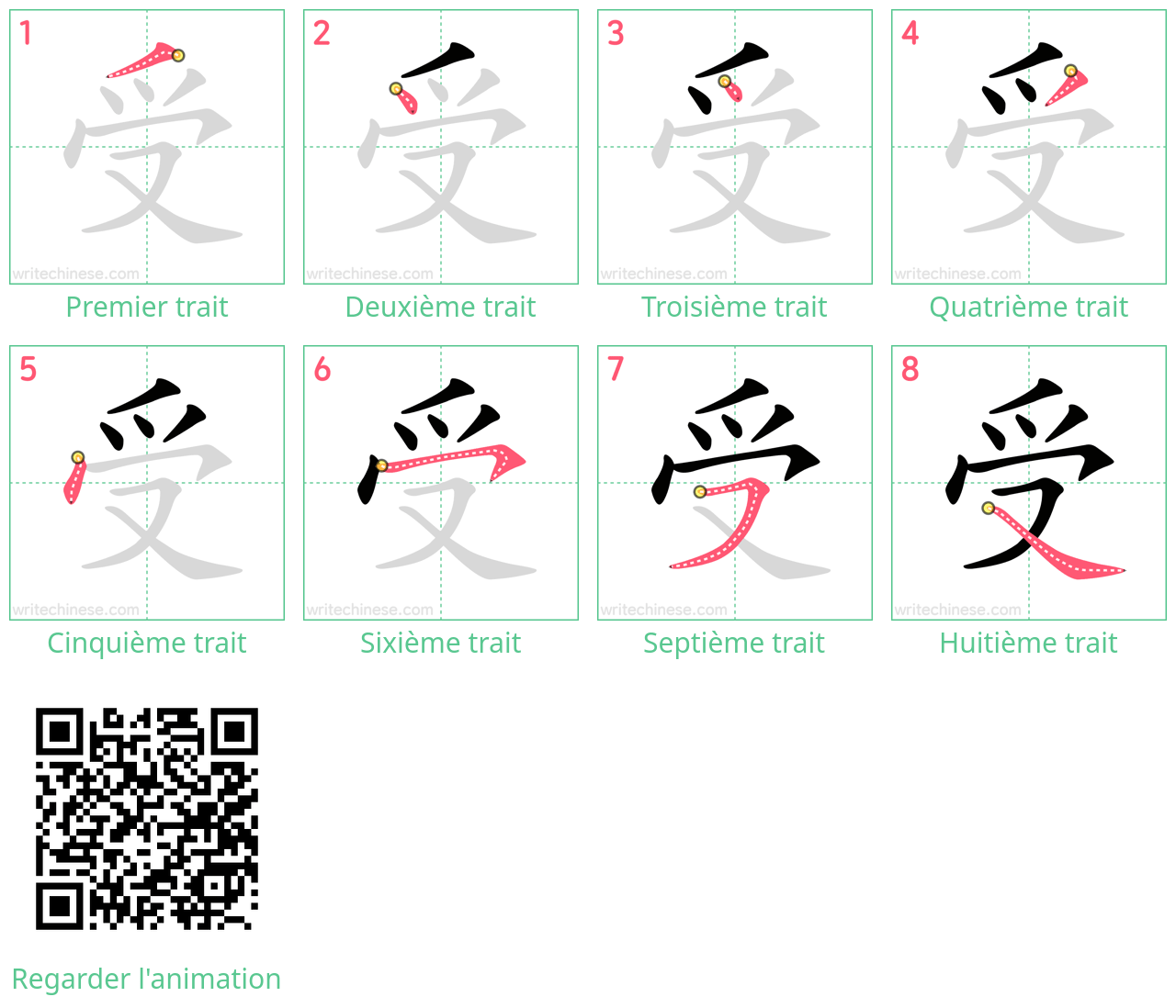 Diagrammes d'ordre des traits étape par étape pour le caractère 受