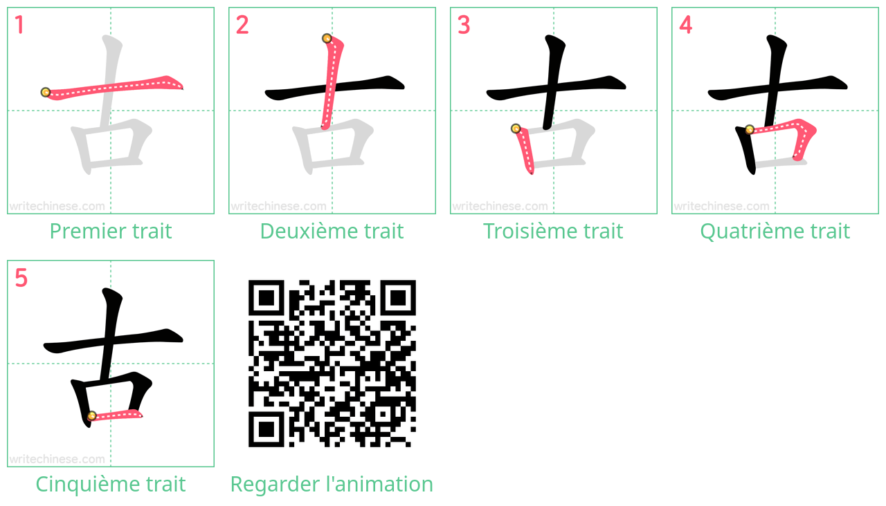 Diagrammes d'ordre des traits étape par étape pour le caractère 古