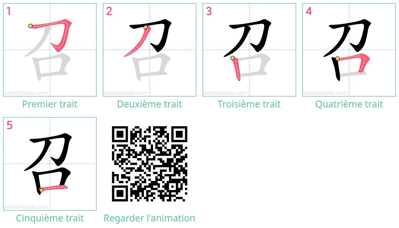 Diagrammes d'ordre des traits étape par étape pour le caractère 召