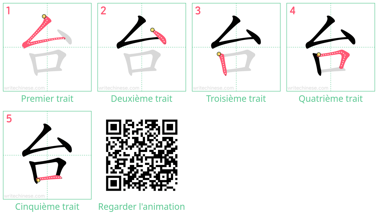 Diagrammes d'ordre des traits étape par étape pour le caractère 台