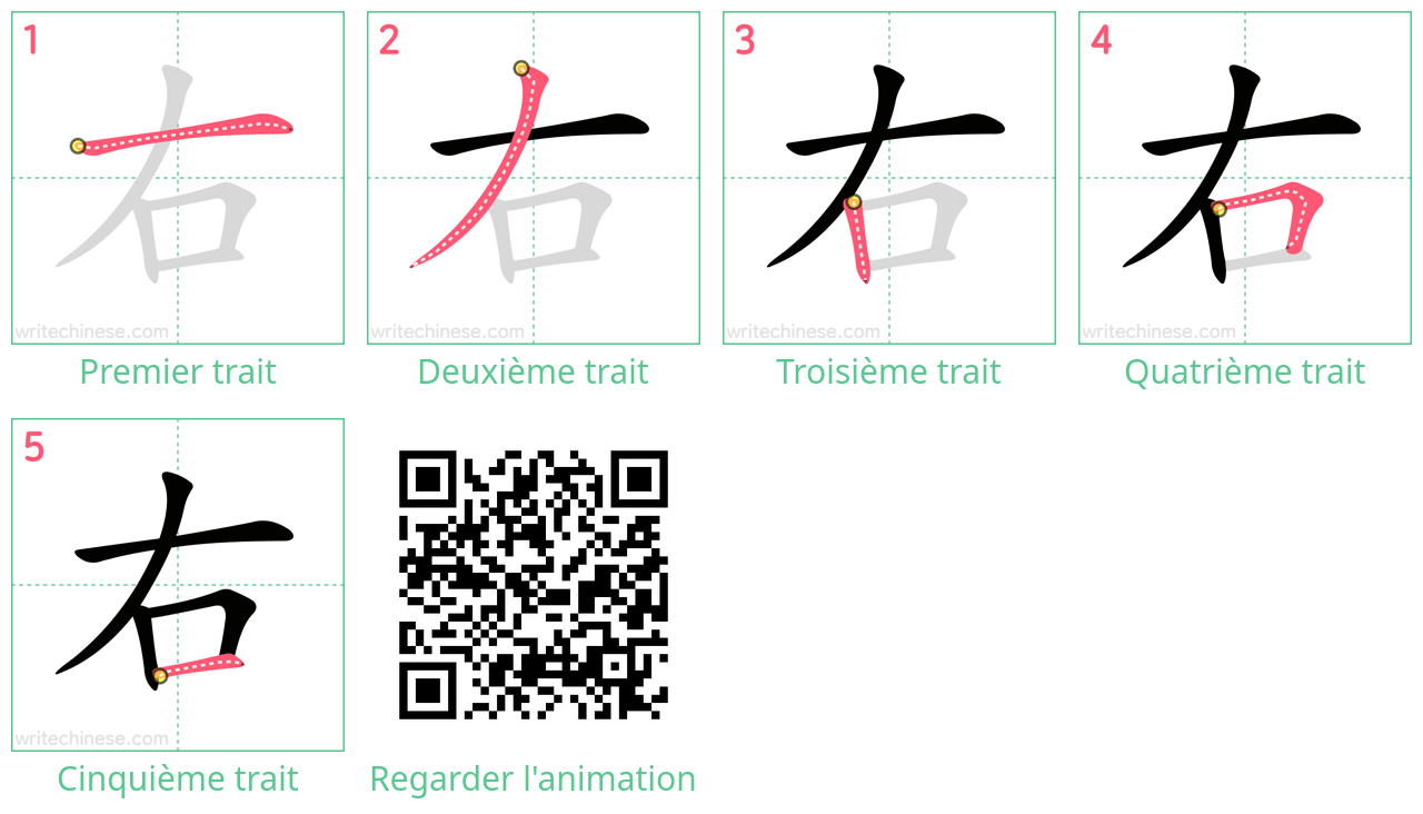 Diagrammes d'ordre des traits étape par étape pour le caractère 右