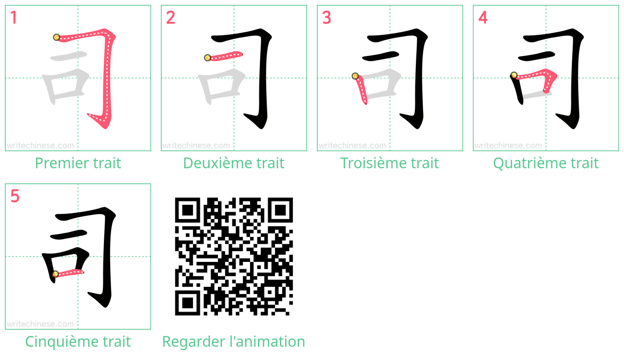 Diagrammes d'ordre des traits étape par étape pour le caractère 司