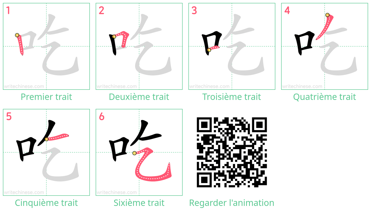 Diagrammes d'ordre des traits étape par étape pour le caractère 吃