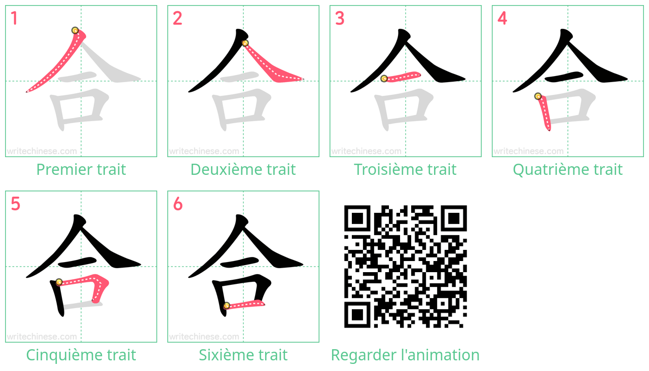 Diagrammes d'ordre des traits étape par étape pour le caractère 合