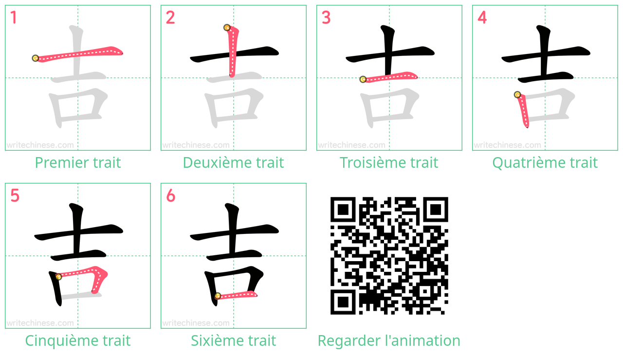 Diagrammes d'ordre des traits étape par étape pour le caractère 吉