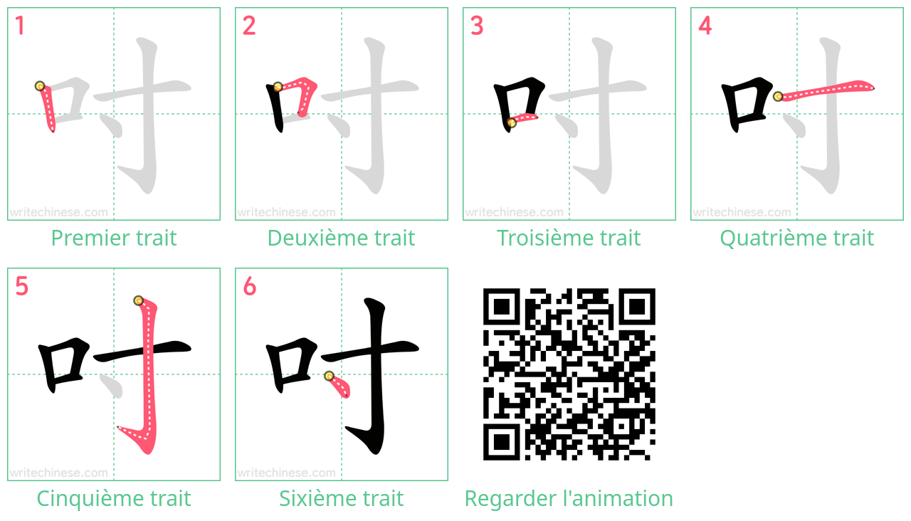 Diagrammes d'ordre des traits étape par étape pour le caractère 吋