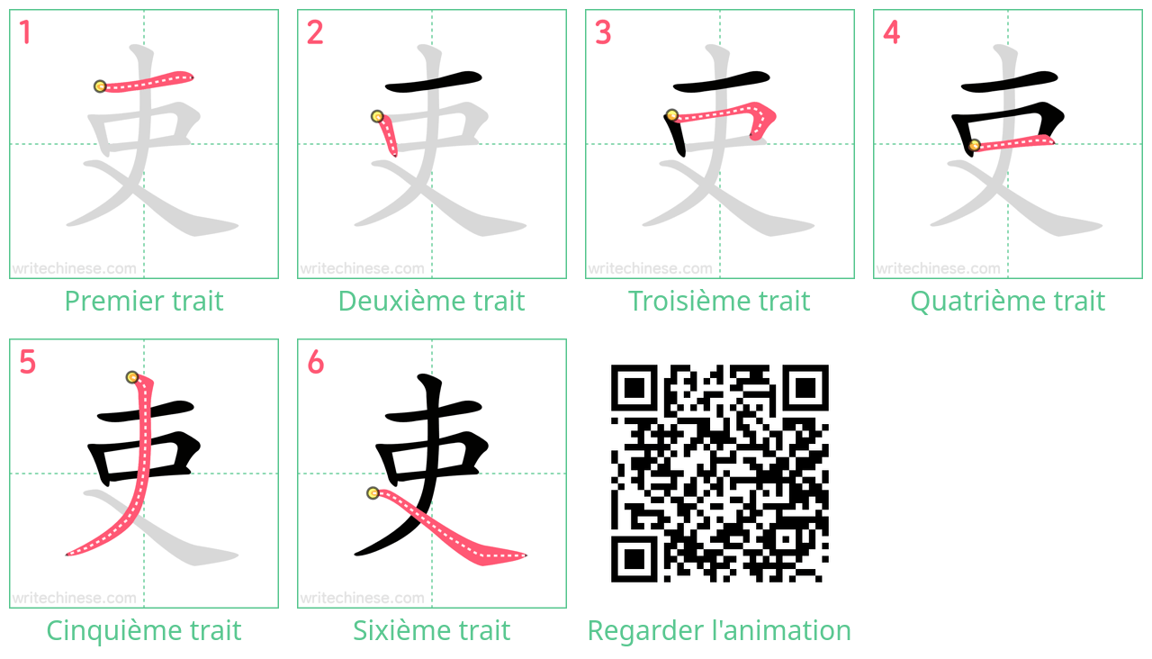 Diagrammes d'ordre des traits étape par étape pour le caractère 吏