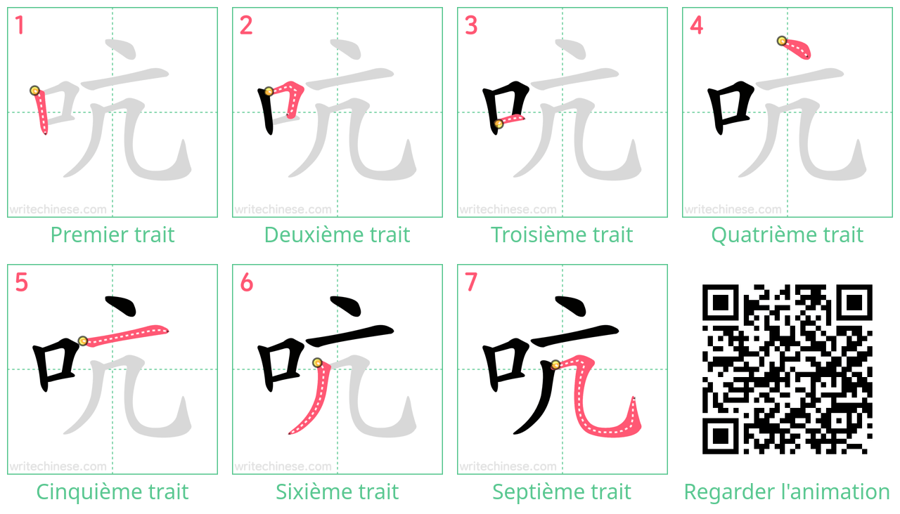 Diagrammes d'ordre des traits étape par étape pour le caractère 吭