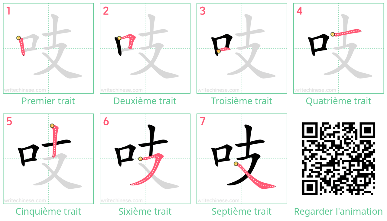 Diagrammes d'ordre des traits étape par étape pour le caractère 吱