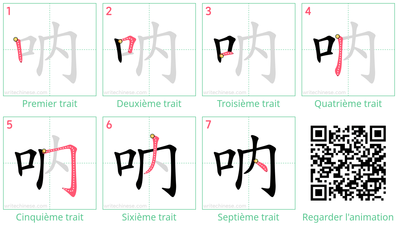 Diagrammes d'ordre des traits étape par étape pour le caractère 吶