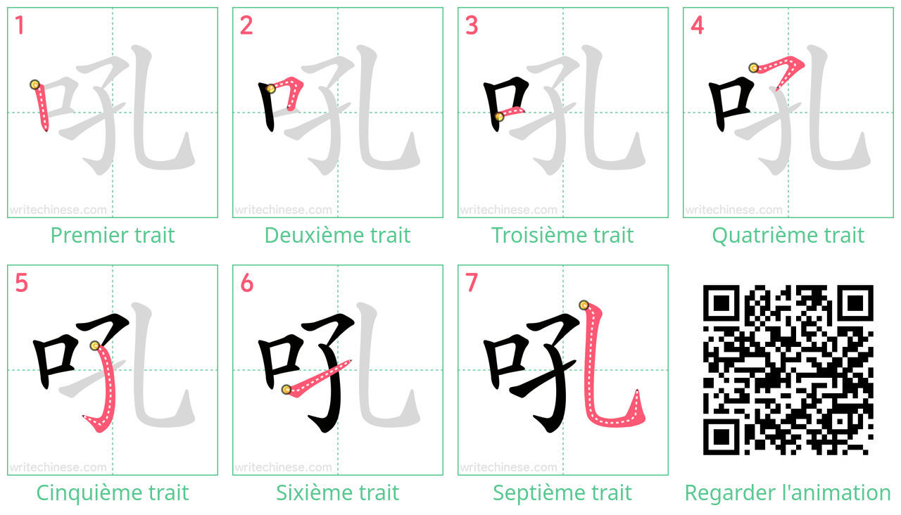 Diagrammes d'ordre des traits étape par étape pour le caractère 吼