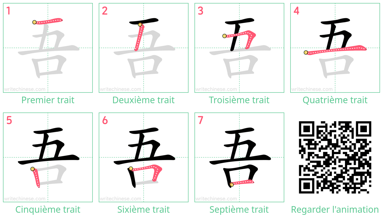 Diagrammes d'ordre des traits étape par étape pour le caractère 吾