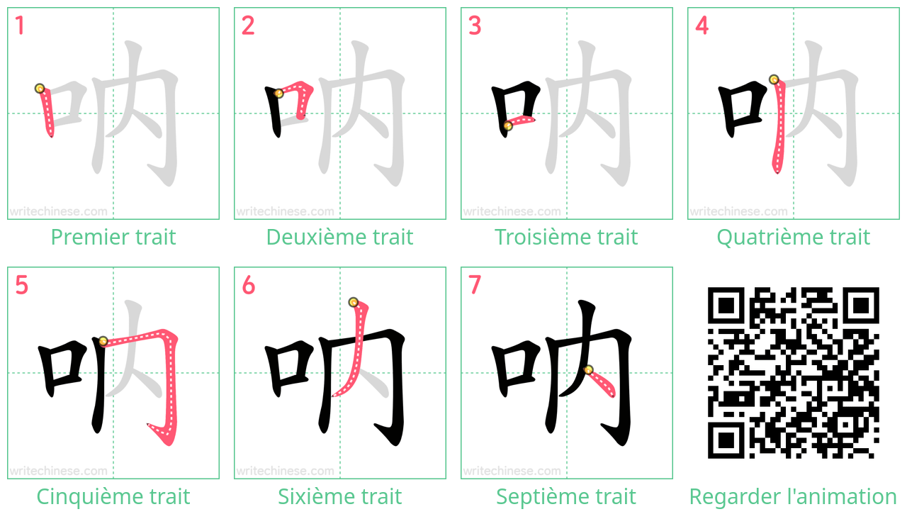 Diagrammes d'ordre des traits étape par étape pour le caractère 呐