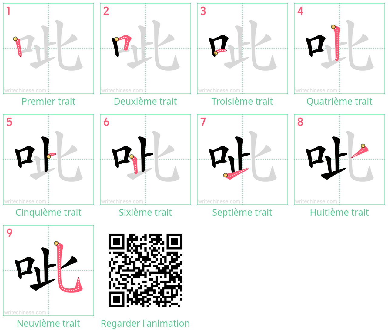 Diagrammes d'ordre des traits étape par étape pour le caractère 呲