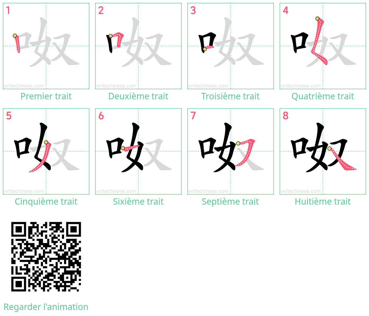 Diagrammes d'ordre des traits étape par étape pour le caractère 呶