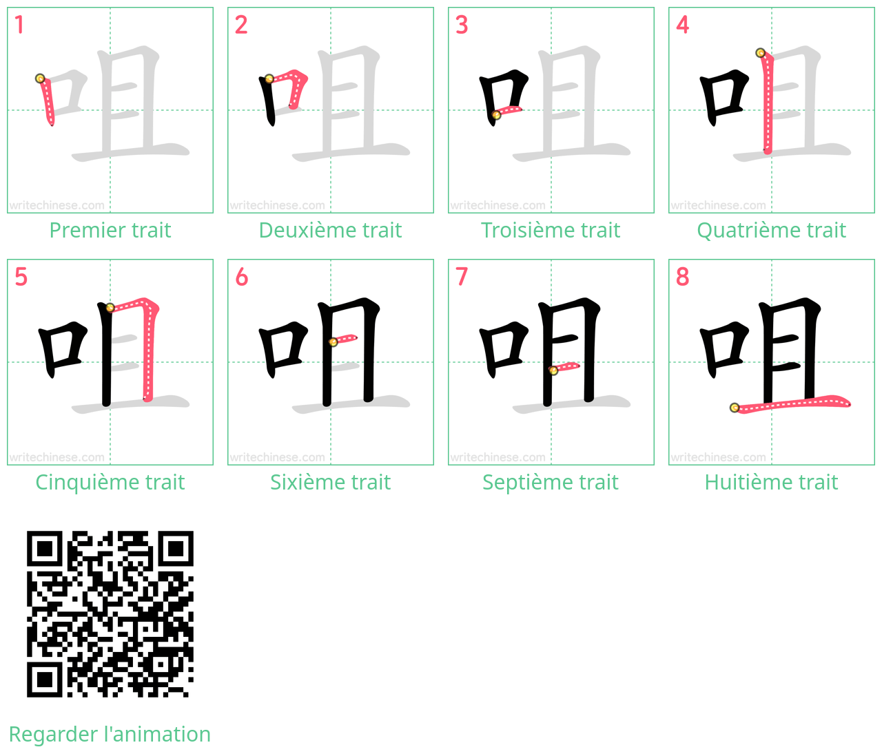 Diagrammes d'ordre des traits étape par étape pour le caractère 咀