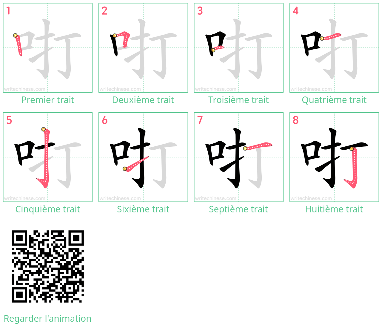 Diagrammes d'ordre des traits étape par étape pour le caractère 咑