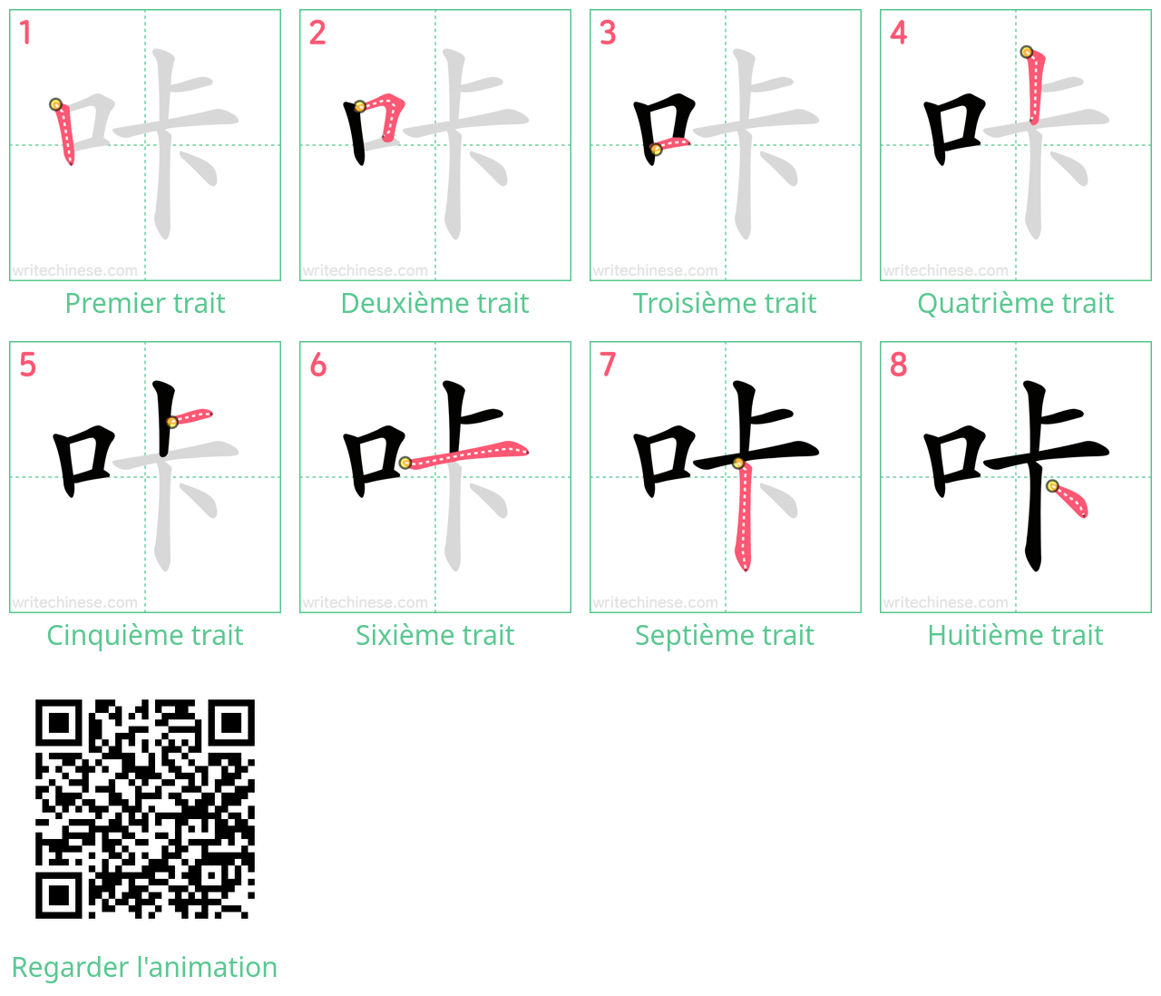 Diagrammes d'ordre des traits étape par étape pour le caractère 咔