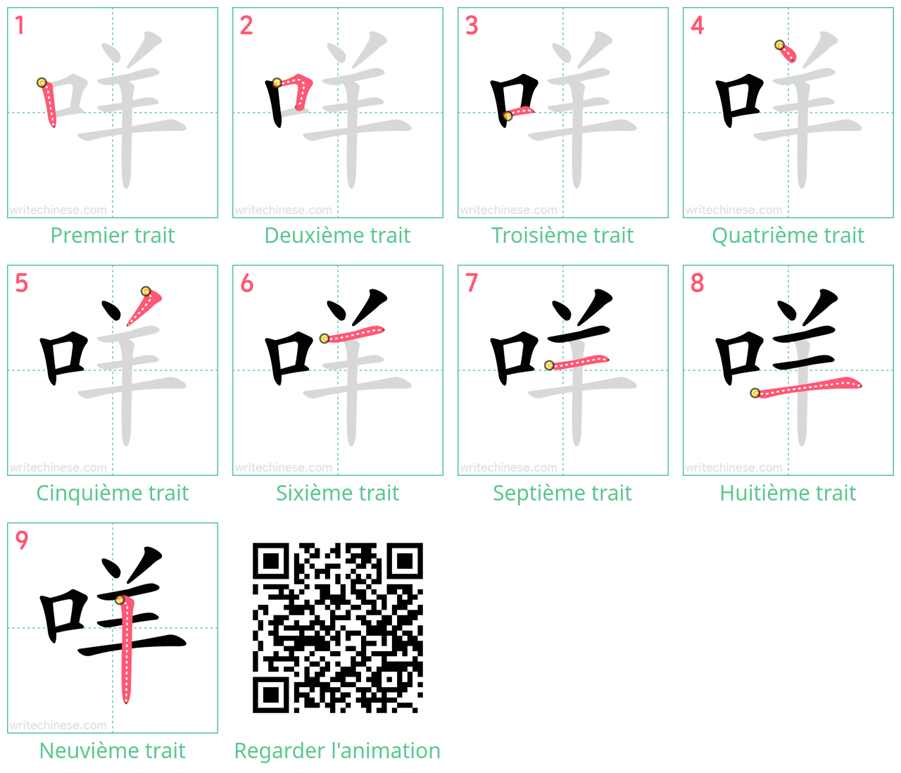 Diagrammes d'ordre des traits étape par étape pour le caractère 咩